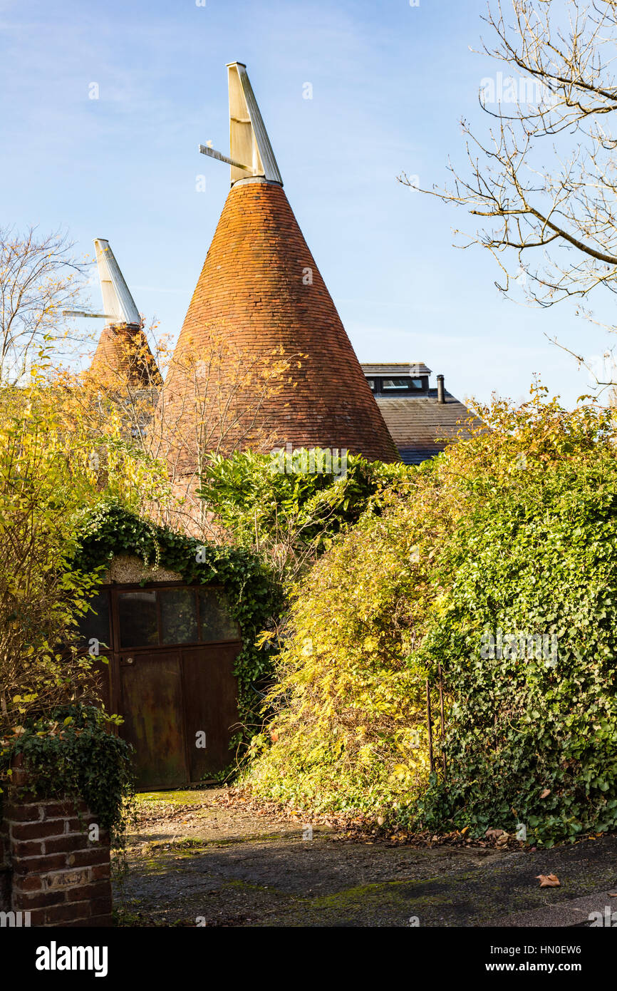Oast houses converted to living in Hadlow, Kent, UK Stock