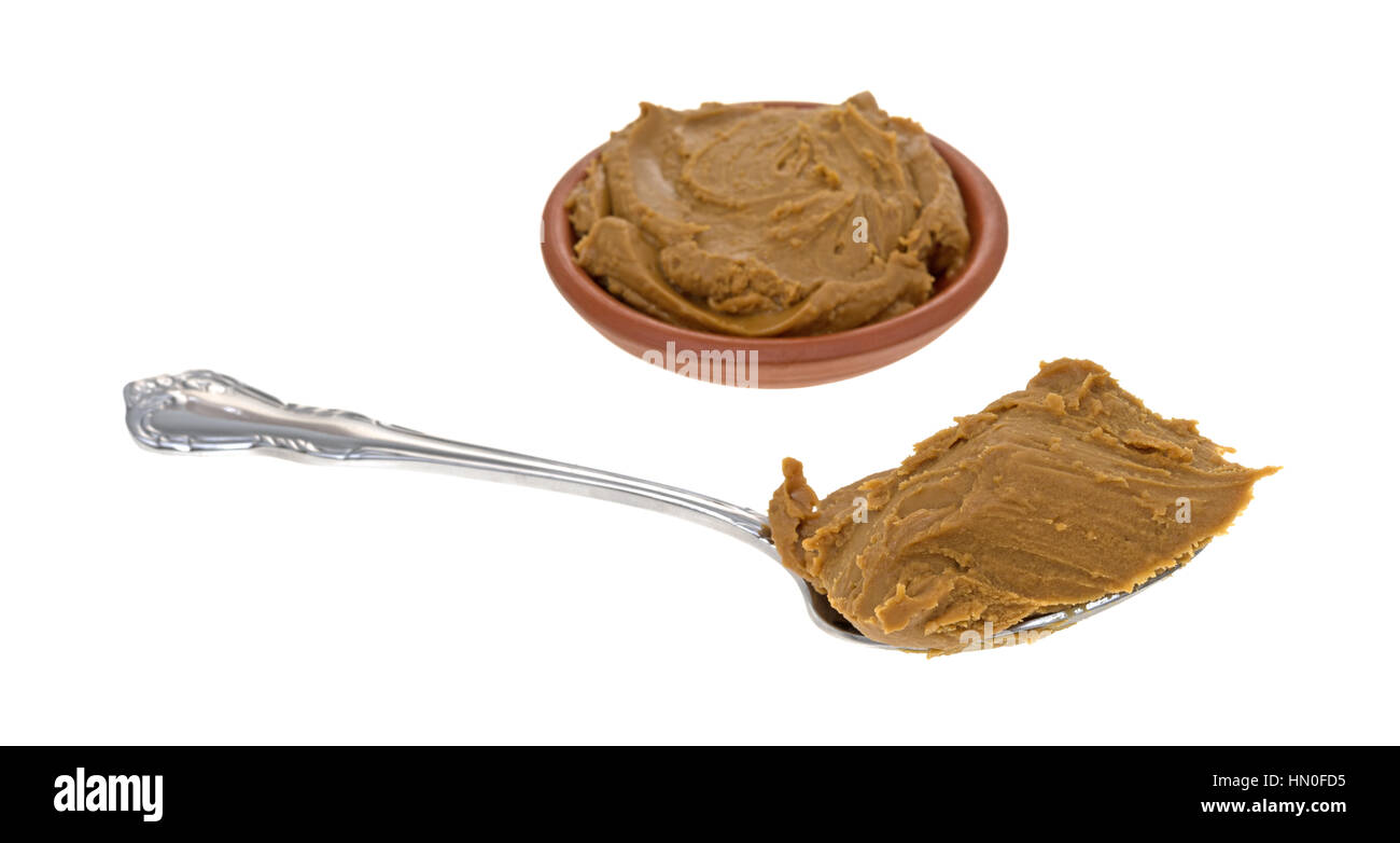 A spoonful of cookie butter in the foreground with a bowl filled in the background. Stock Photo