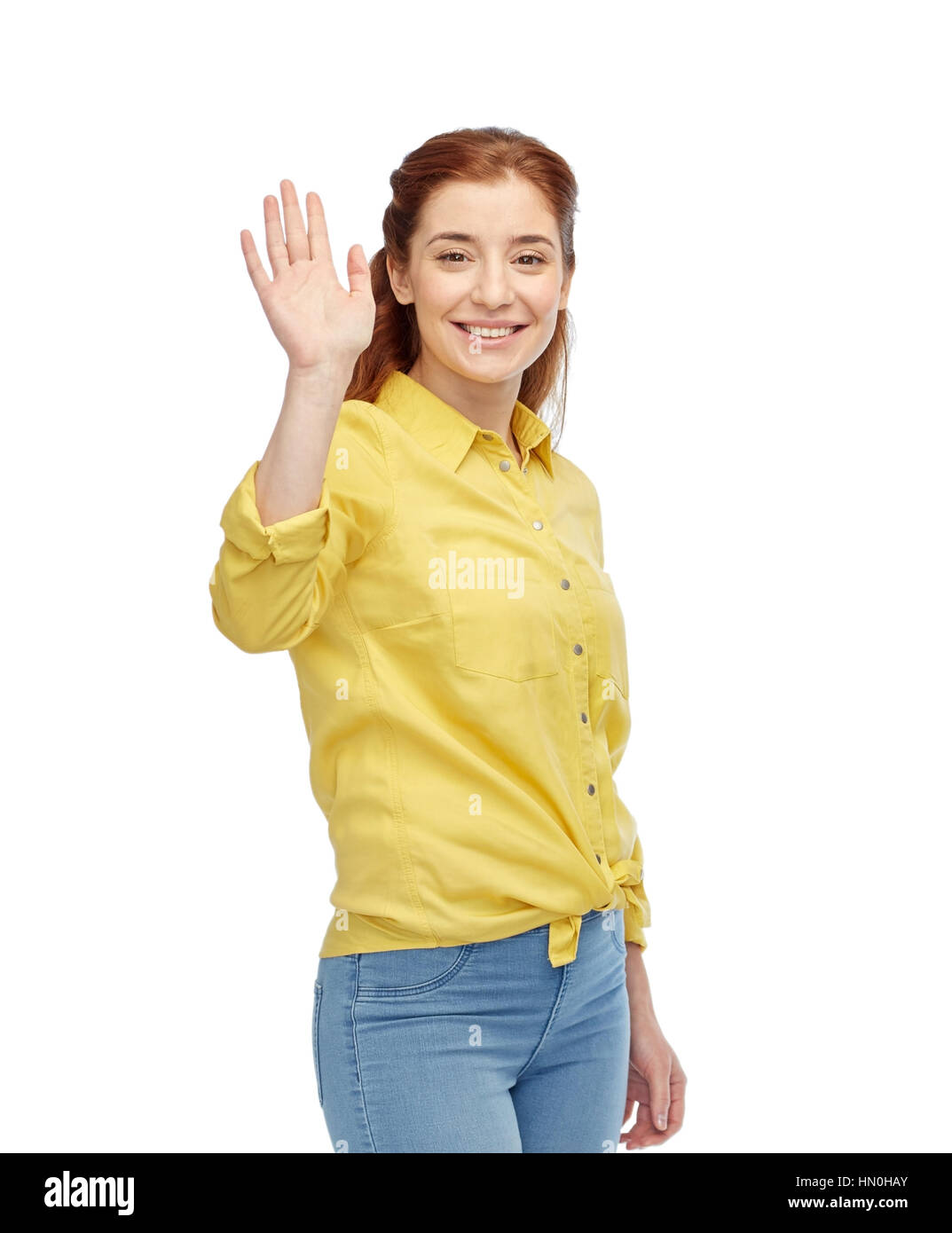 happy smiling woman waving hand over white Stock Photo
