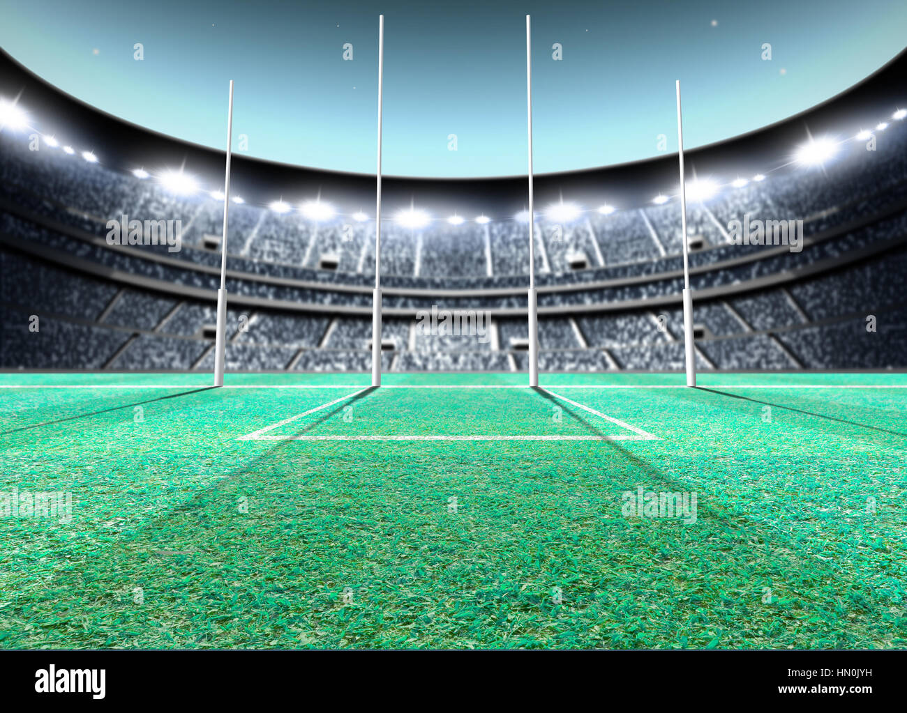 A generic seated aussie rules stadium showing goal posts on a green