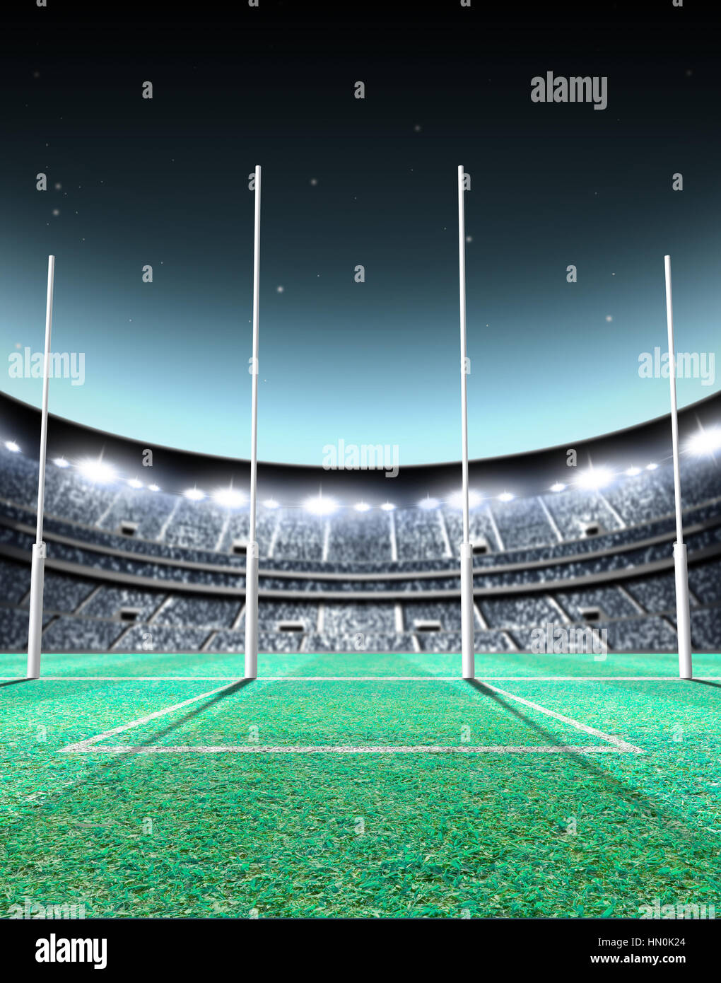 A generic seated aussie rules stadium showing goal posts on a green grass pitch at night under illuminated floodlights - 3D Stock Photo - Alamy