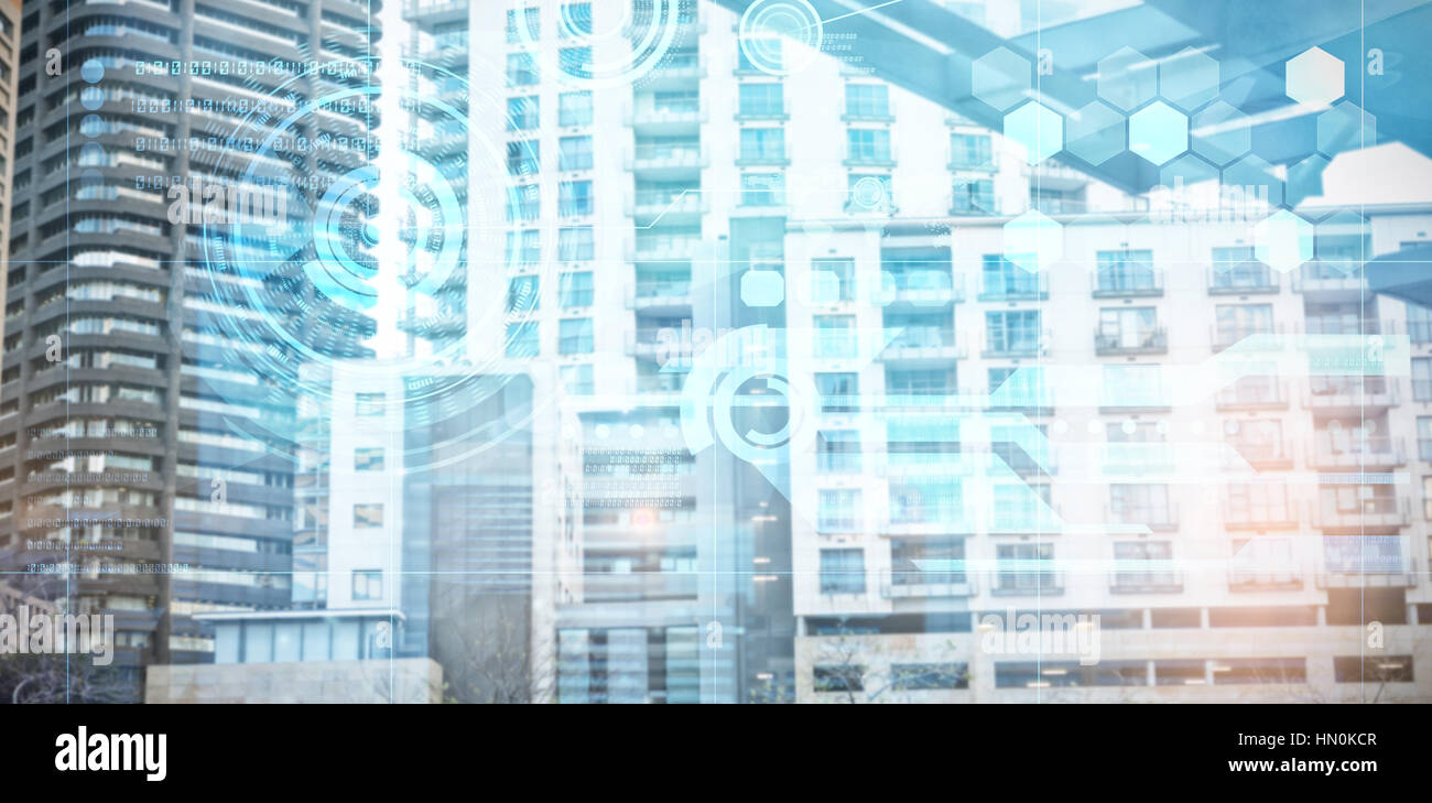 Residential district in city against futuristic technology interface ...
