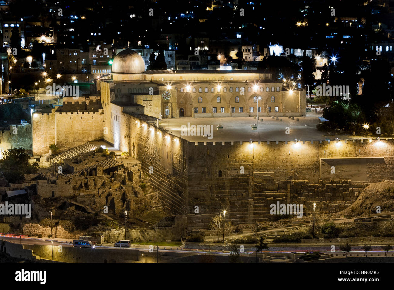 City Lights of Old Jerusalem at Night - Wailing Wall - Jerusalem, Israel Stock Photo