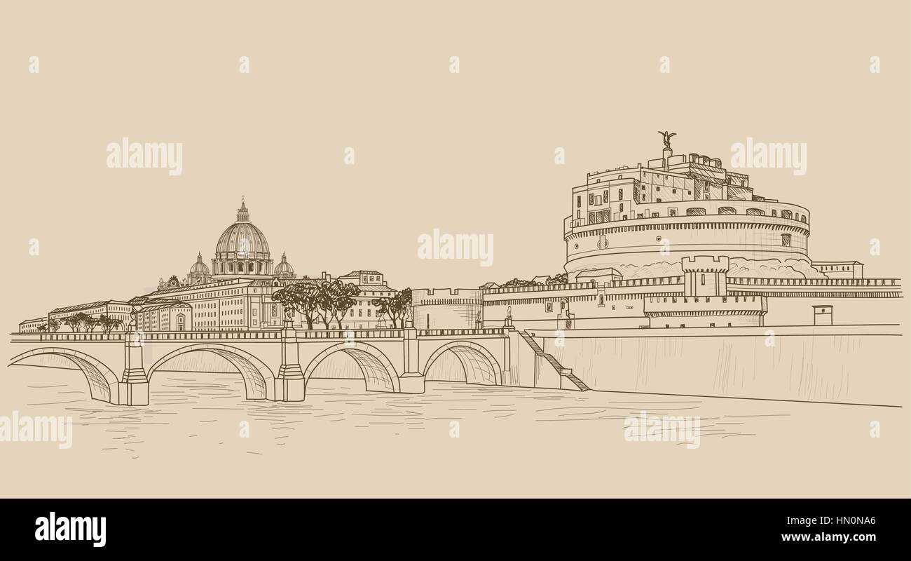 Rome cityscape with St. Peter's Basilica. Italian city famous landmark Castel Sant'Angelo skyline. Travel Italy engraving. Rome architectural city bac Stock Vector