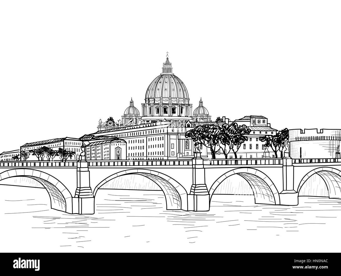 Rome cityscape with St. Peter's Basilica. Italian city famous landmark skyline. Travel Italy engraving. Rome architectural city background Stock Vector