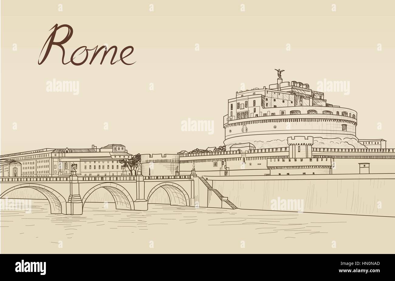 Rome cityscape with Castle Sant Angelo. Italian city famous landmark skyline. Travel Italy engraving. Rome architectural city background with letterin Stock Vector