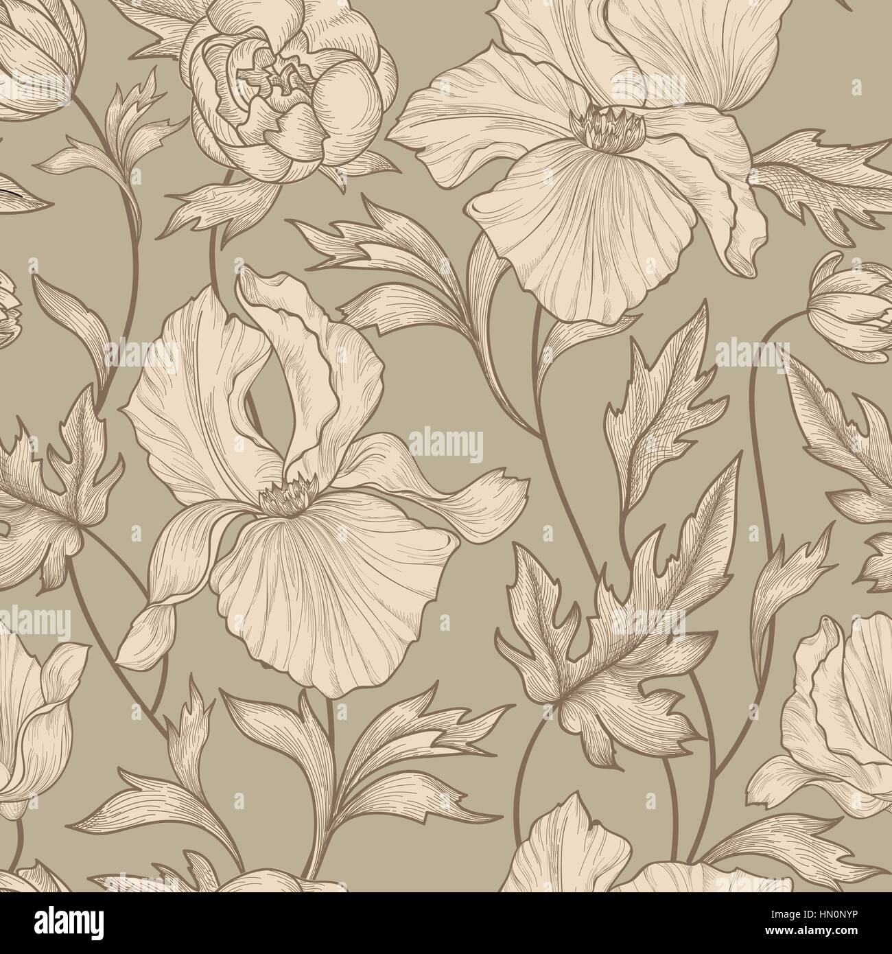 Floral seamless etching pattern. Flower background. Floral seamless