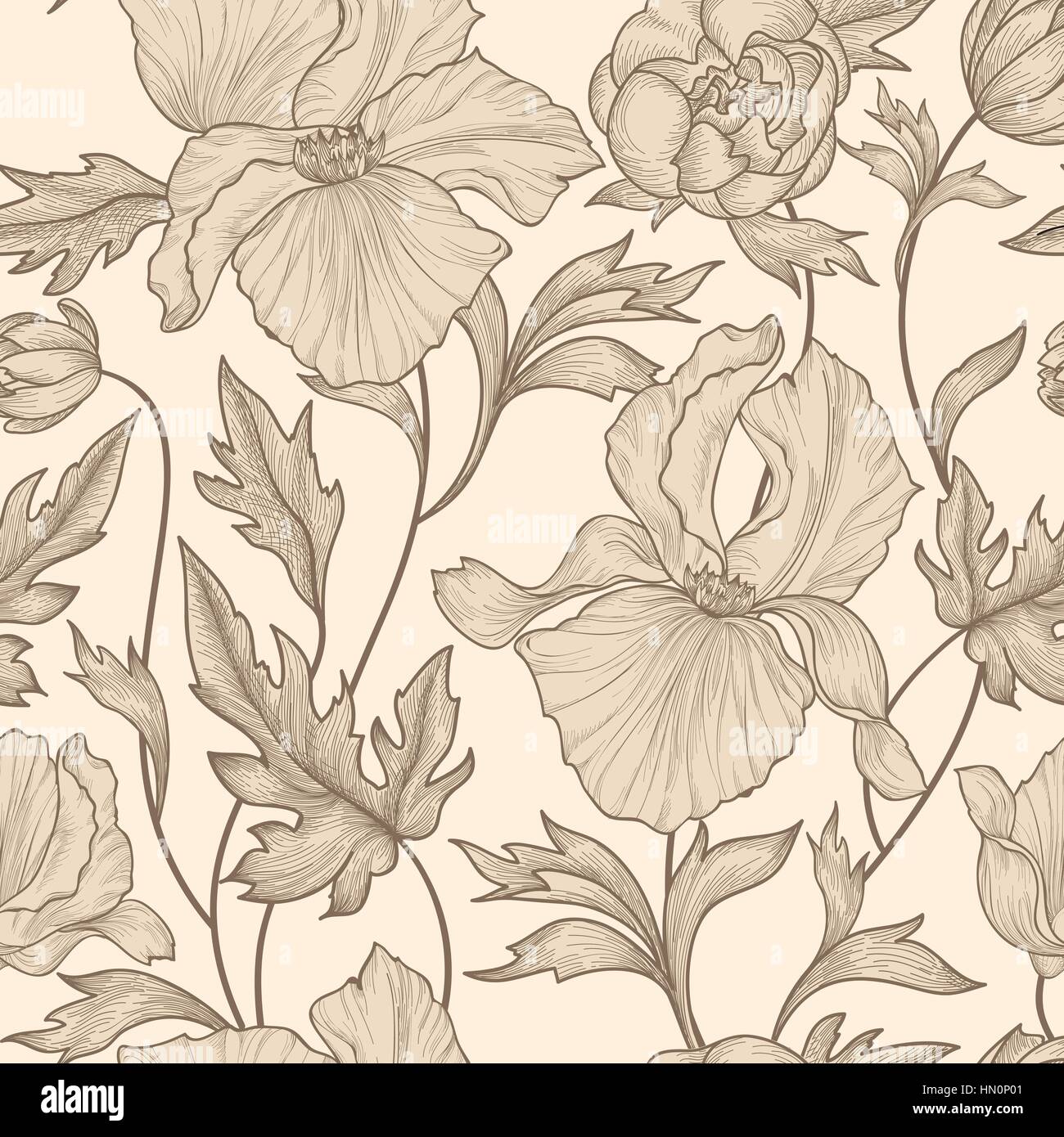 Floral seamless etching pattern. Flower background. Floral seamless