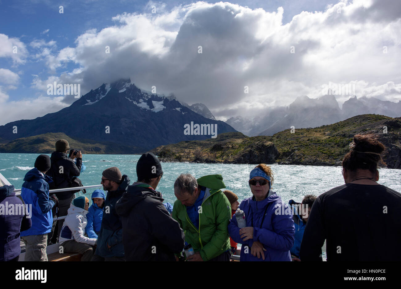 On the catamaran in Lake Pehoe in Torres del Paine National Park, Chile