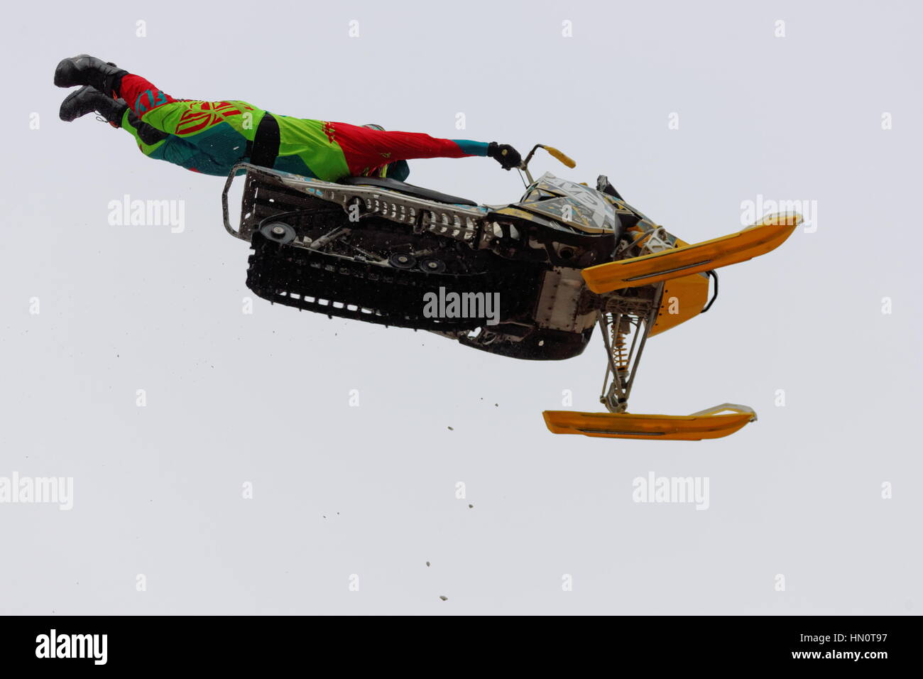 World snowmobiling champions perform aerial tricks in downtown Montreal Stock Photo Alamy