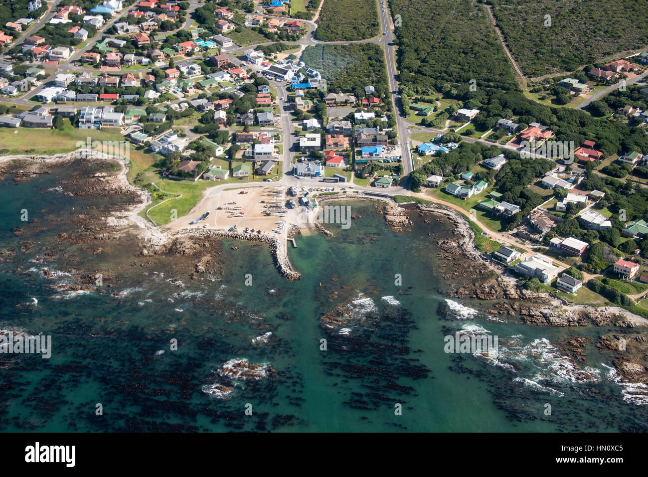 Aerial shot of Kleinbaai harbour, Gansbaai, South Africa Stock Photo