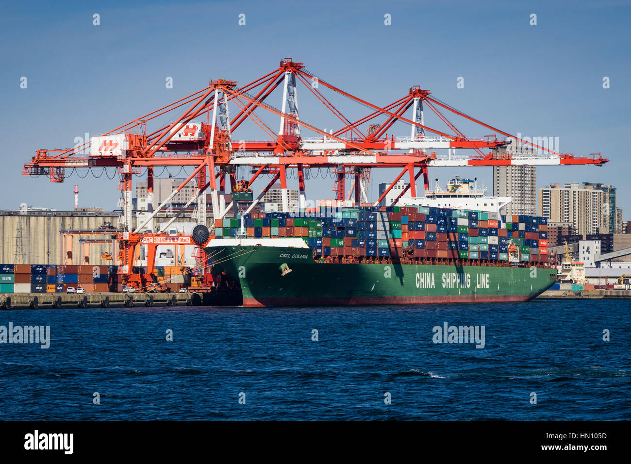Container cranes work to unload a container ship at Halterm in the Port