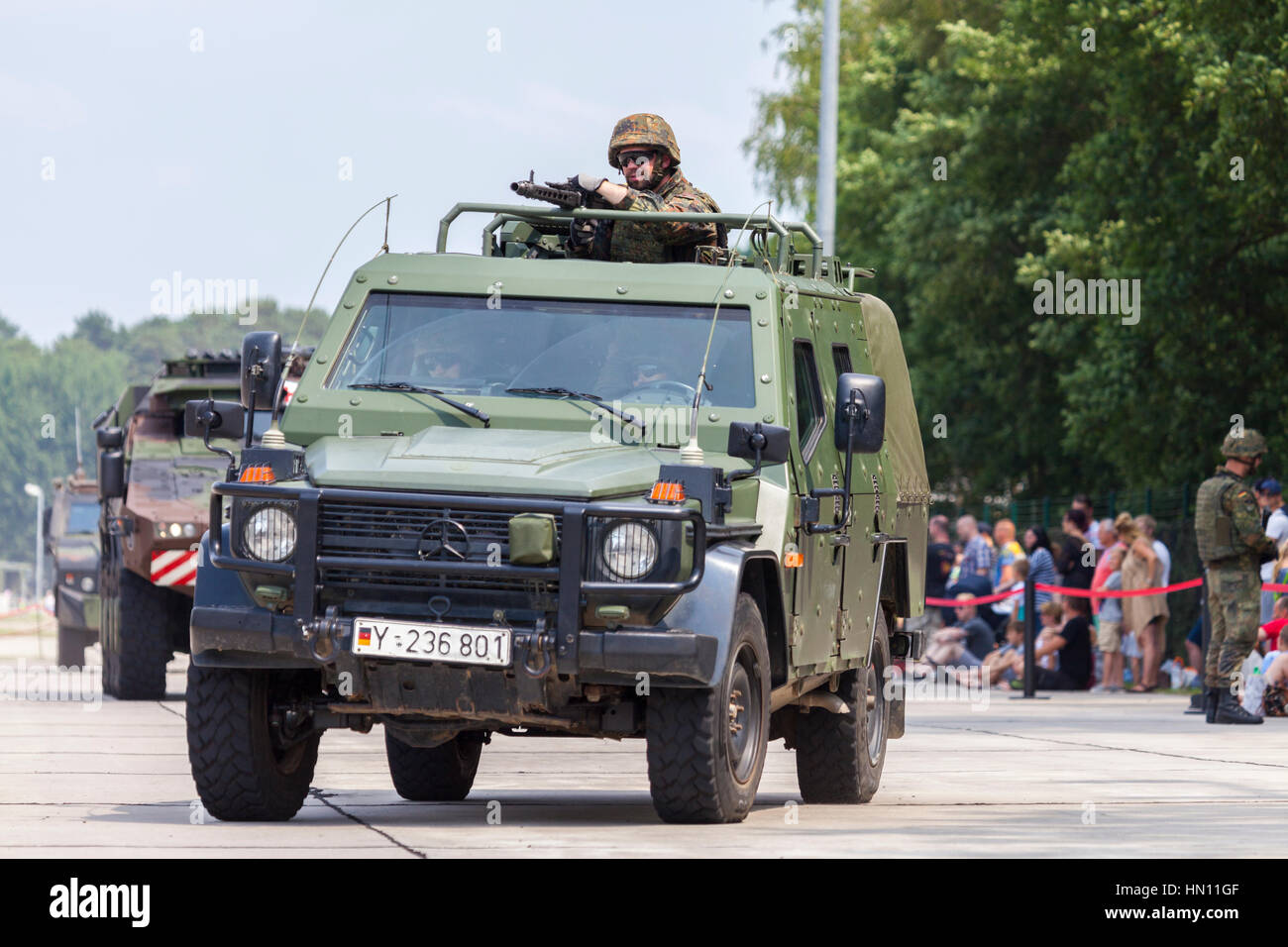 BURG / GERMANY - JUNE 25, 2016: german light armoured patrol vehicle Enok, drives on open day in barrack burg / germany at june 25, 2016 Stock Photo