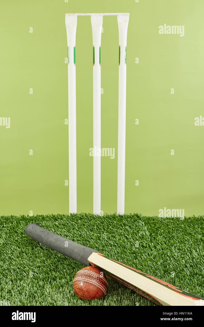 A studio photo of cricket gear on grass Stock Photo Alamy