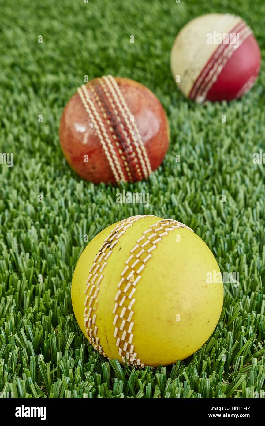 A studio photo of cricket gear on grass Stock Photo