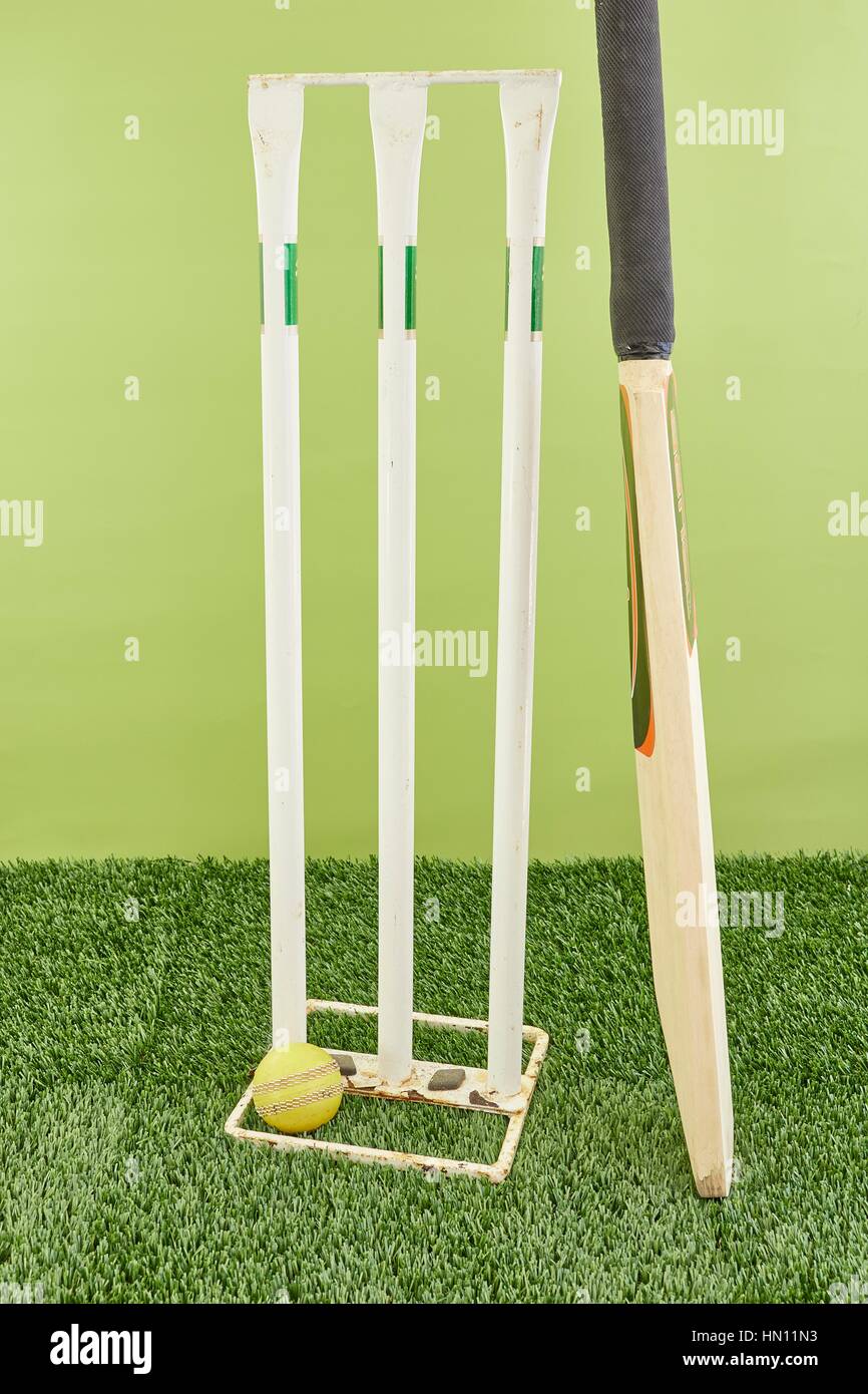A studio photo of cricket gear on grass Stock Photo Alamy