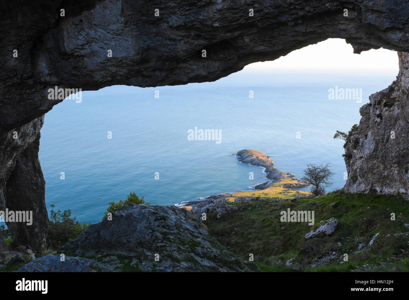 View of La Ballena from the Eyes of the Devil in Oriñon Stock Photo