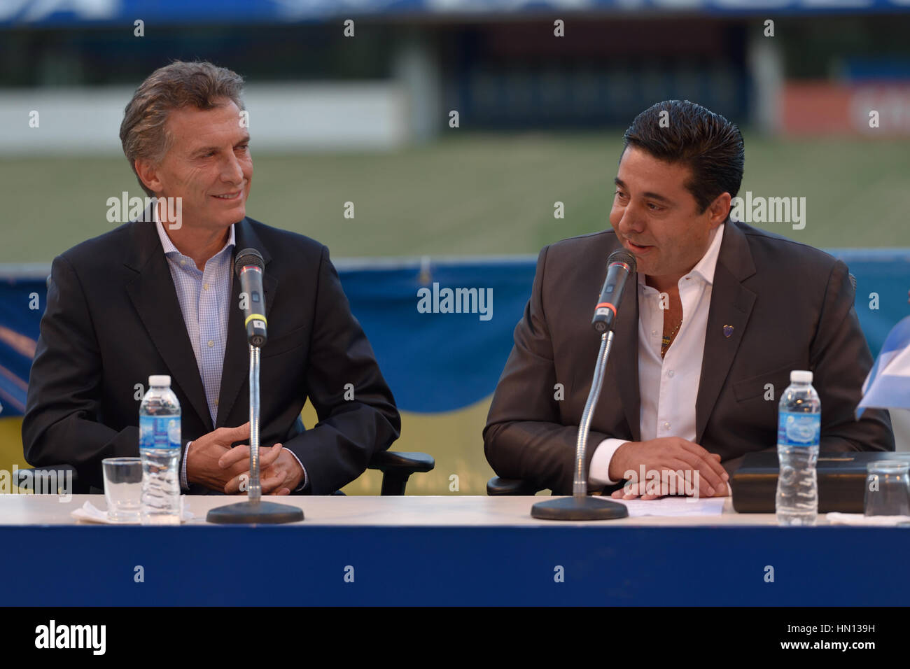 BUENOS AIRES, ARGENTINA - DEC 2, 2015: President of Argentina Mauricio Macri (L) and president of Boca Juniors' Daniel Angilici (R). Stock Photo