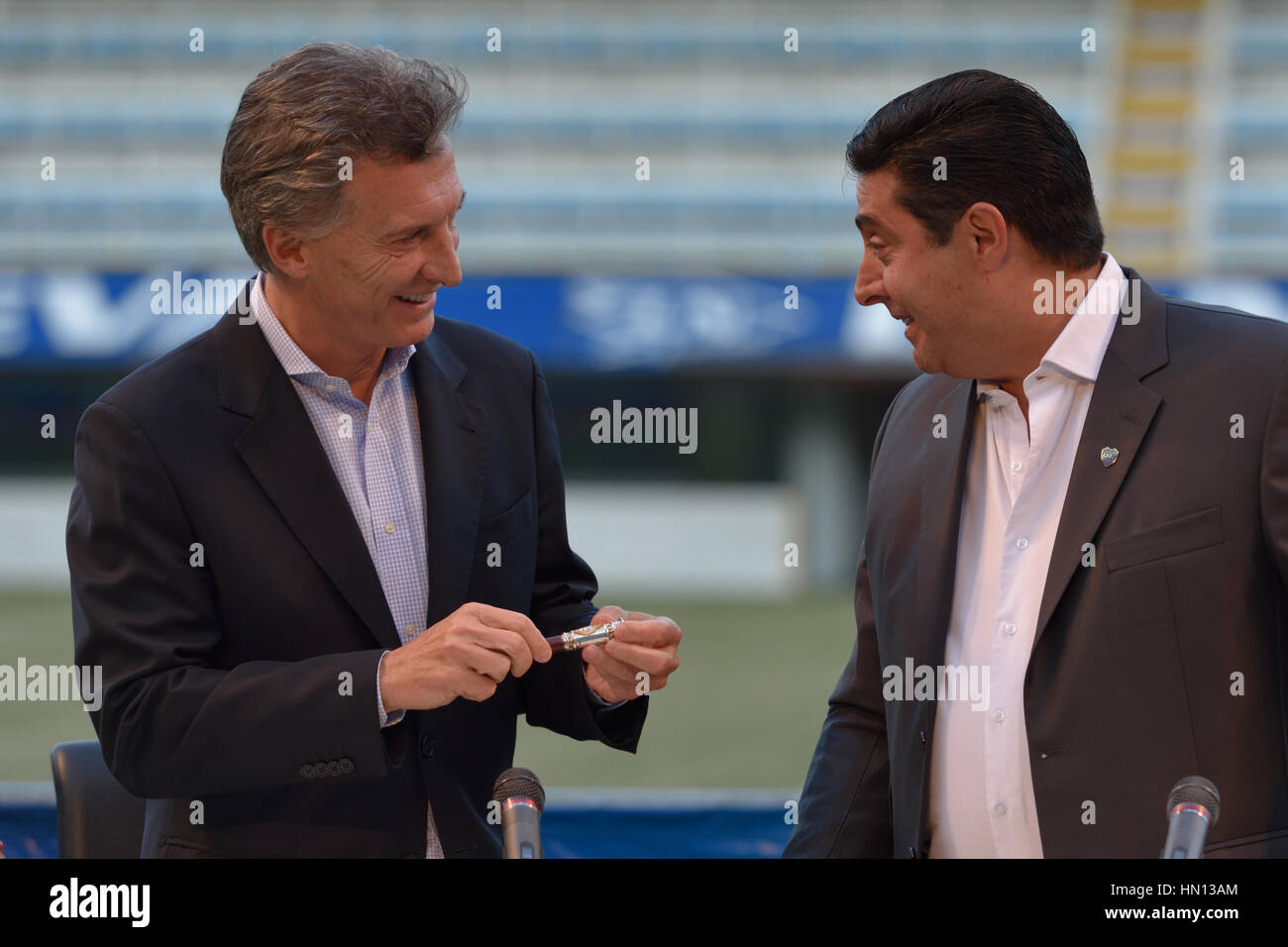 BUENOS AIRES, ARGENTINA - DEC 2, 2015: President of Argentina Mauricio Macri (L) and president of Boca Juniors' Daniel Angilici (R). Stock Photo
