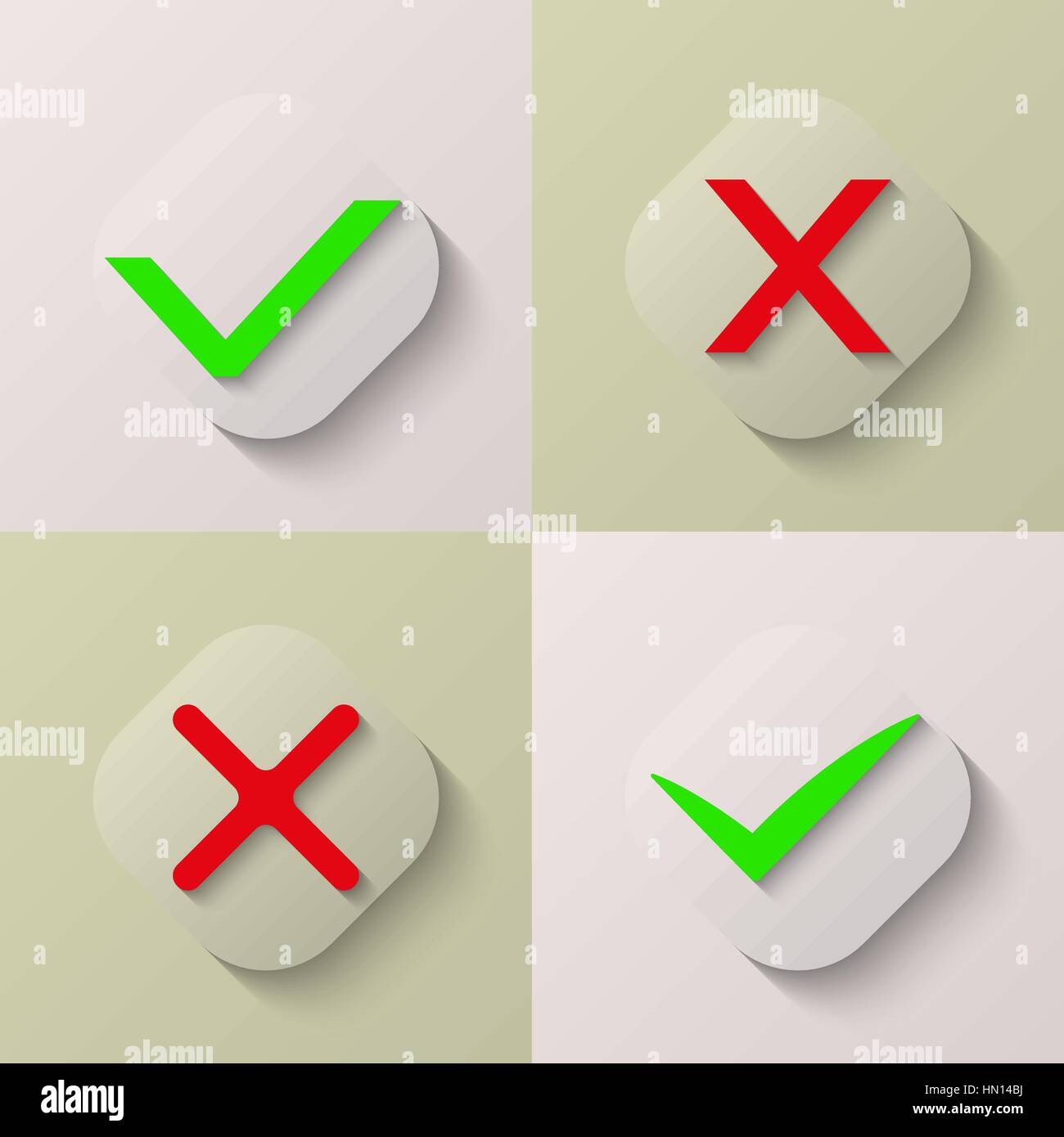 Collection of four icons confirmation and cancellation. Flat. Red. Green. Web. Vector illustration for your design Stock Vector