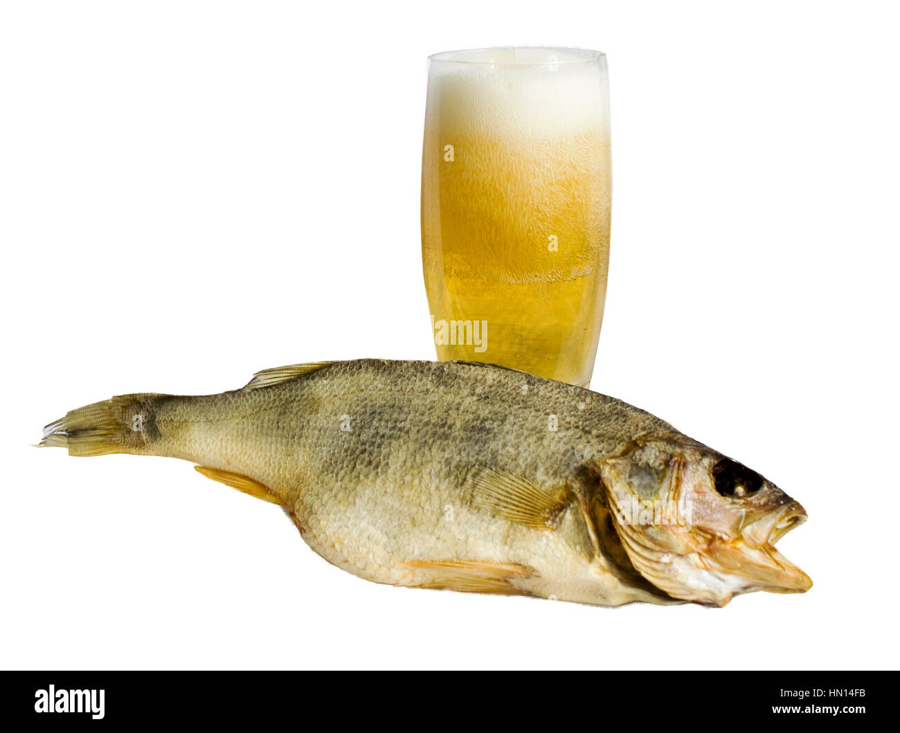 dried fish perch, cold beer, dried fish used as snacks for beer Stock Photo