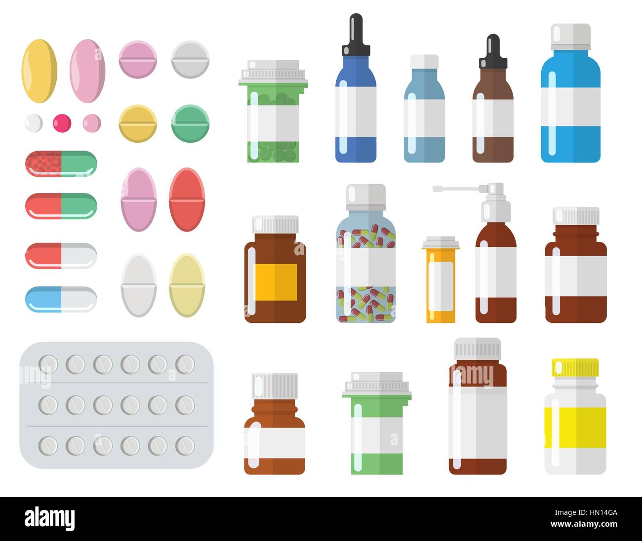 Set of different isolated, colorful pills and medical bottles Stock ...