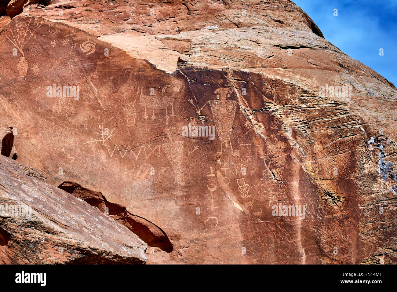 Petroglyphs on rock wall in Dinosaur National Monument, Utah, USA Stock