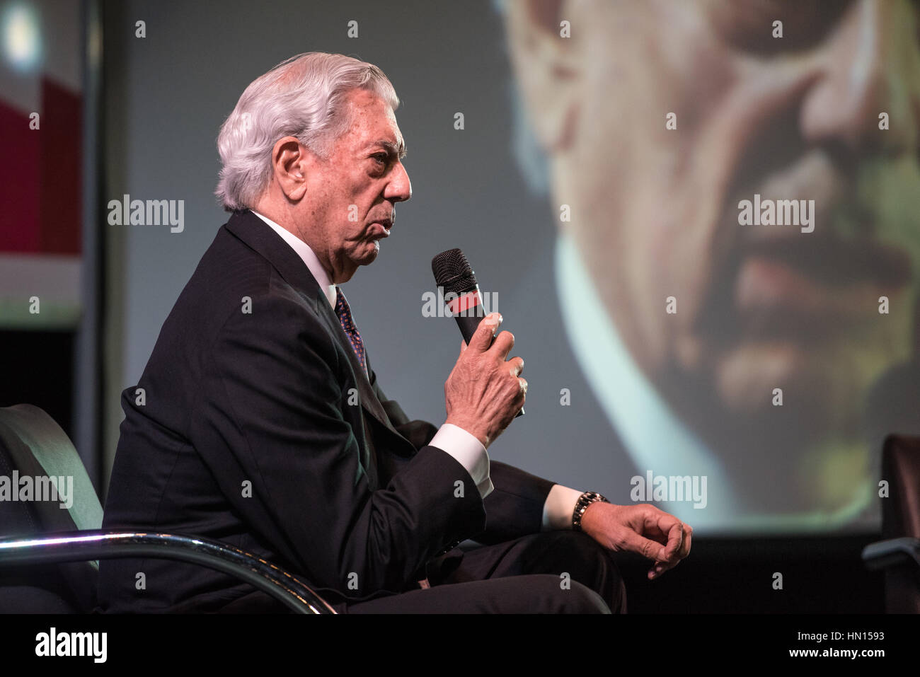 Buenos Aires, Argentina - May 6, 2016: Nobel Laureate in Literature Mario Vargas Llosa speaks during the presentation of his book Cinco esquinas as pa Stock Photo