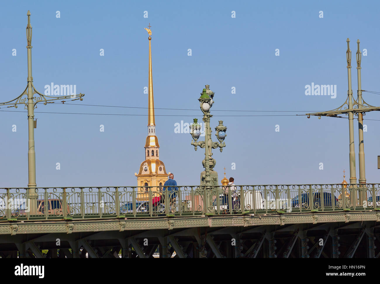 Art Nouveau Trinity Bridge opened in 1903 and the spire of Baroque Cathedral of Saints Peter and Paul, St Petersburg, Russia Stock Photo