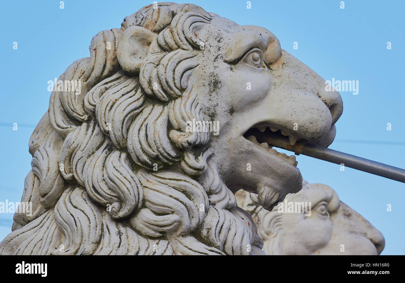 Bridge of Four Lions. 28 metre pedestrian bridge over the Griboedov Canal has 4 cast iron lion sculptures and opened in 1825, St Petersburg, Russia Stock Photo