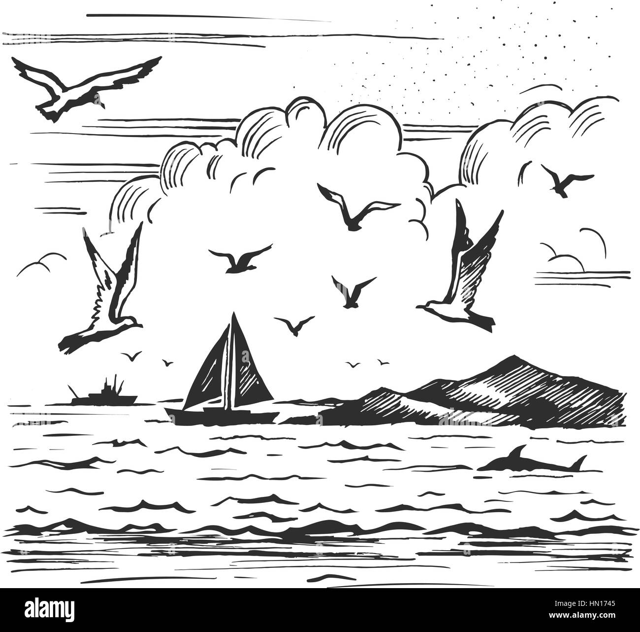 sketch seascape with yachts and seagulls Stock Vector