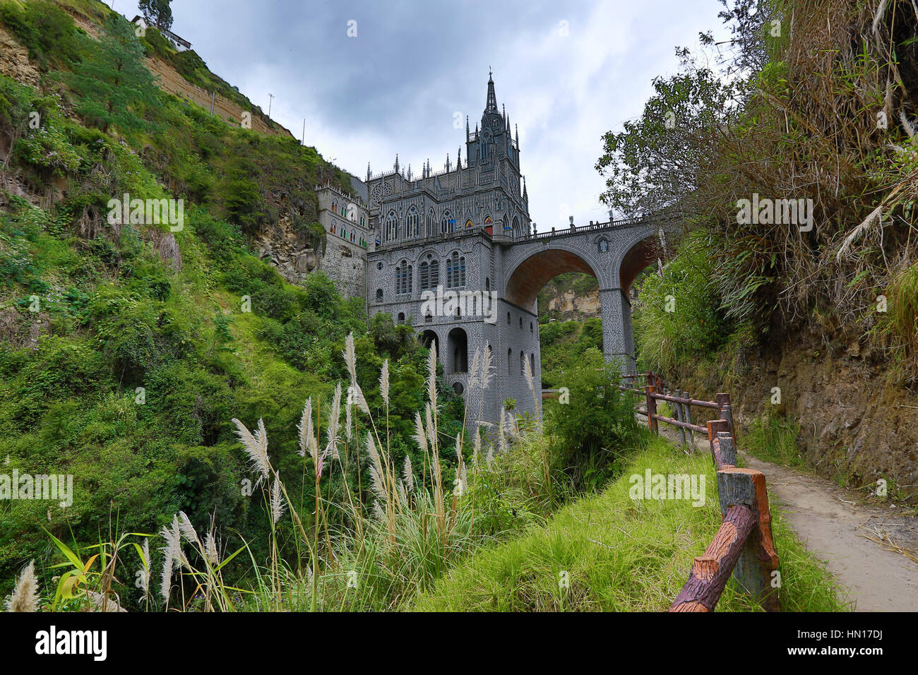 the Las Lajas sanctuary seen from the hiking path in the valley beneath Stock Photo