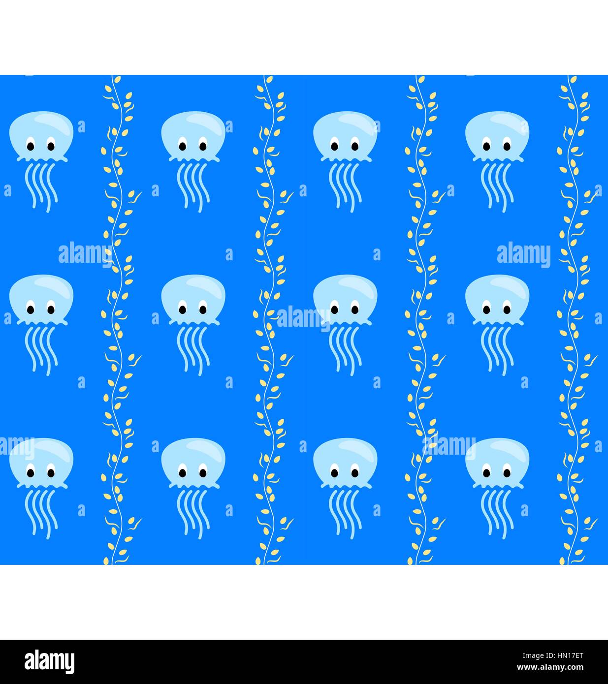 Seamless sea pattern Blue jellyfish and yellow algae on blue Stock ...