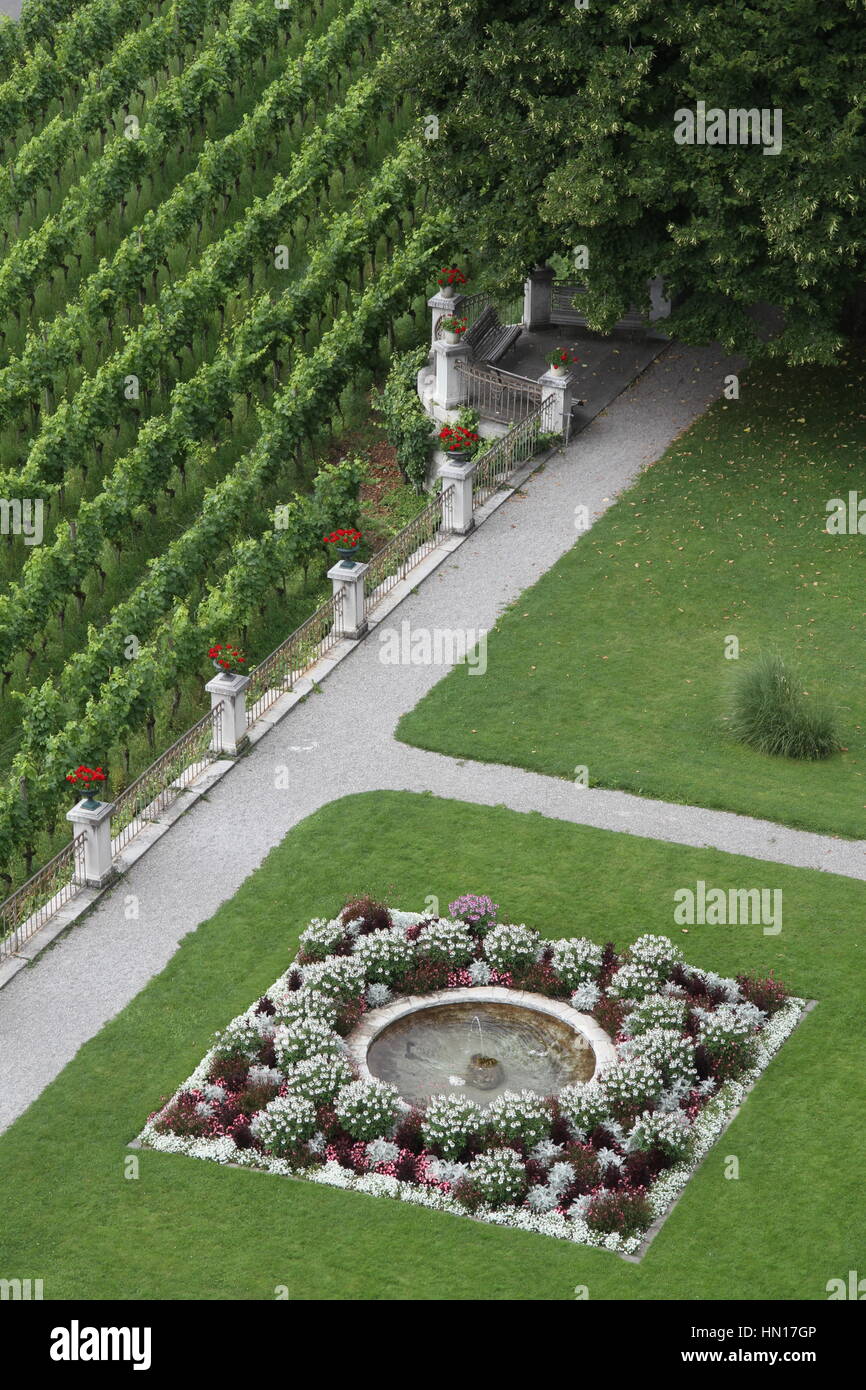 Castle gardens viewed from the tower at Schloss Spiez, Spiez, Thunersee