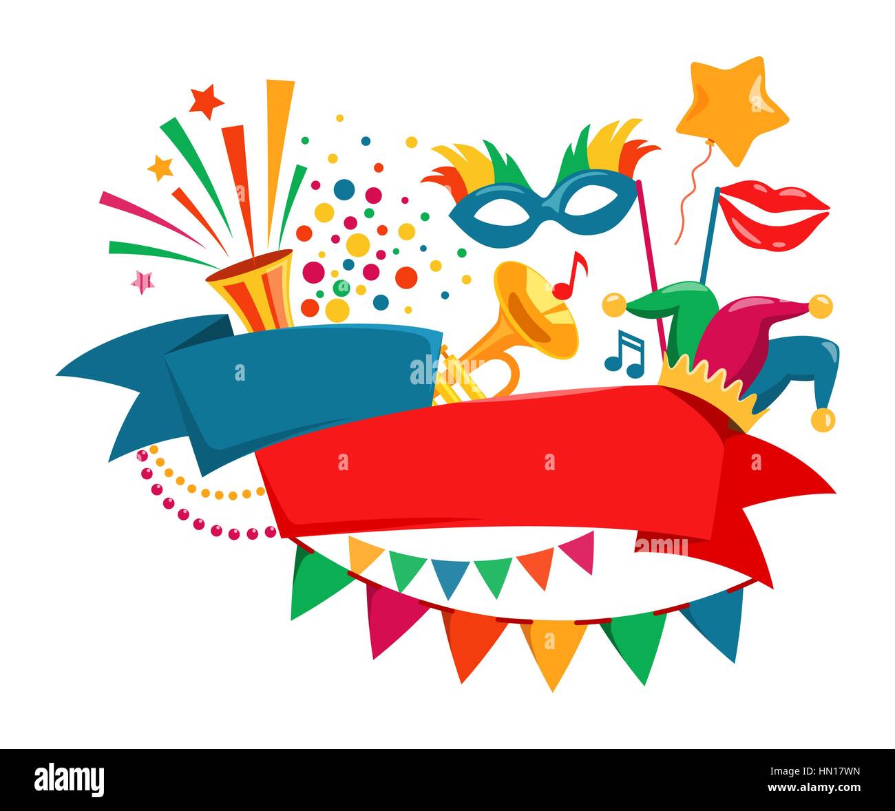 Happy Carnival Festive Concept with Musical Trumpet Mask Lips Je Stock Vector