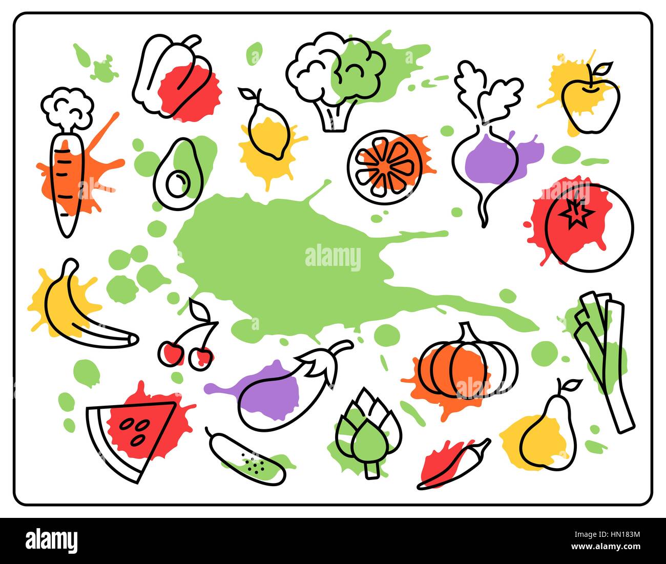 Healthy Food Vegetables and Fruits Bright Blots Icons Isolated o Stock Vector