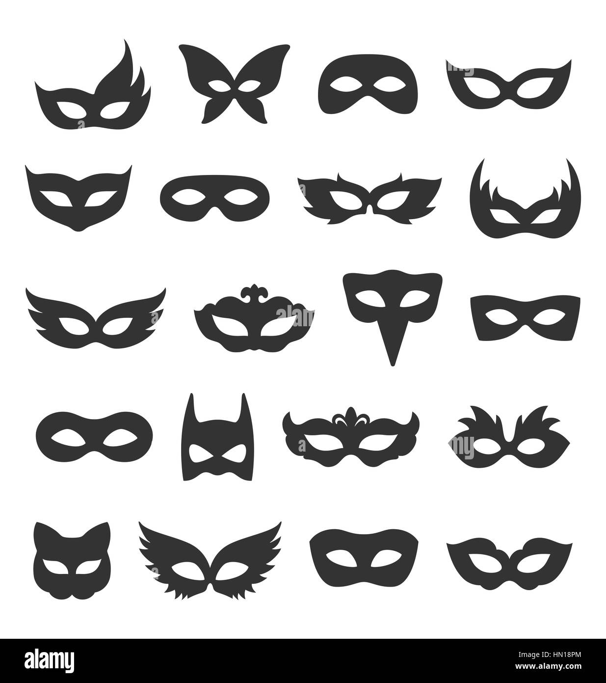 Set Collection of Black Carnival Masquerade Masks Icons Isolated Stock Vector