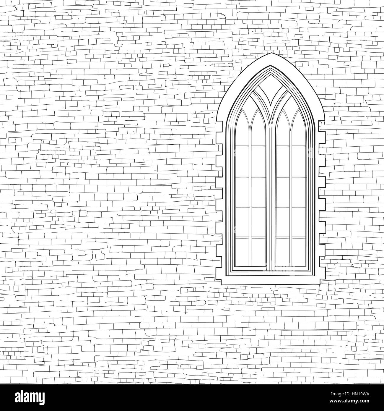 Ancient brick wall background with gothic window. Shabby brick wall
