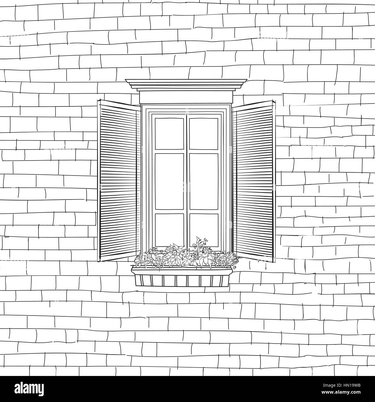 House with classical window engraving background. Shabby brick wall sketch pattern Building facade Stock Vector