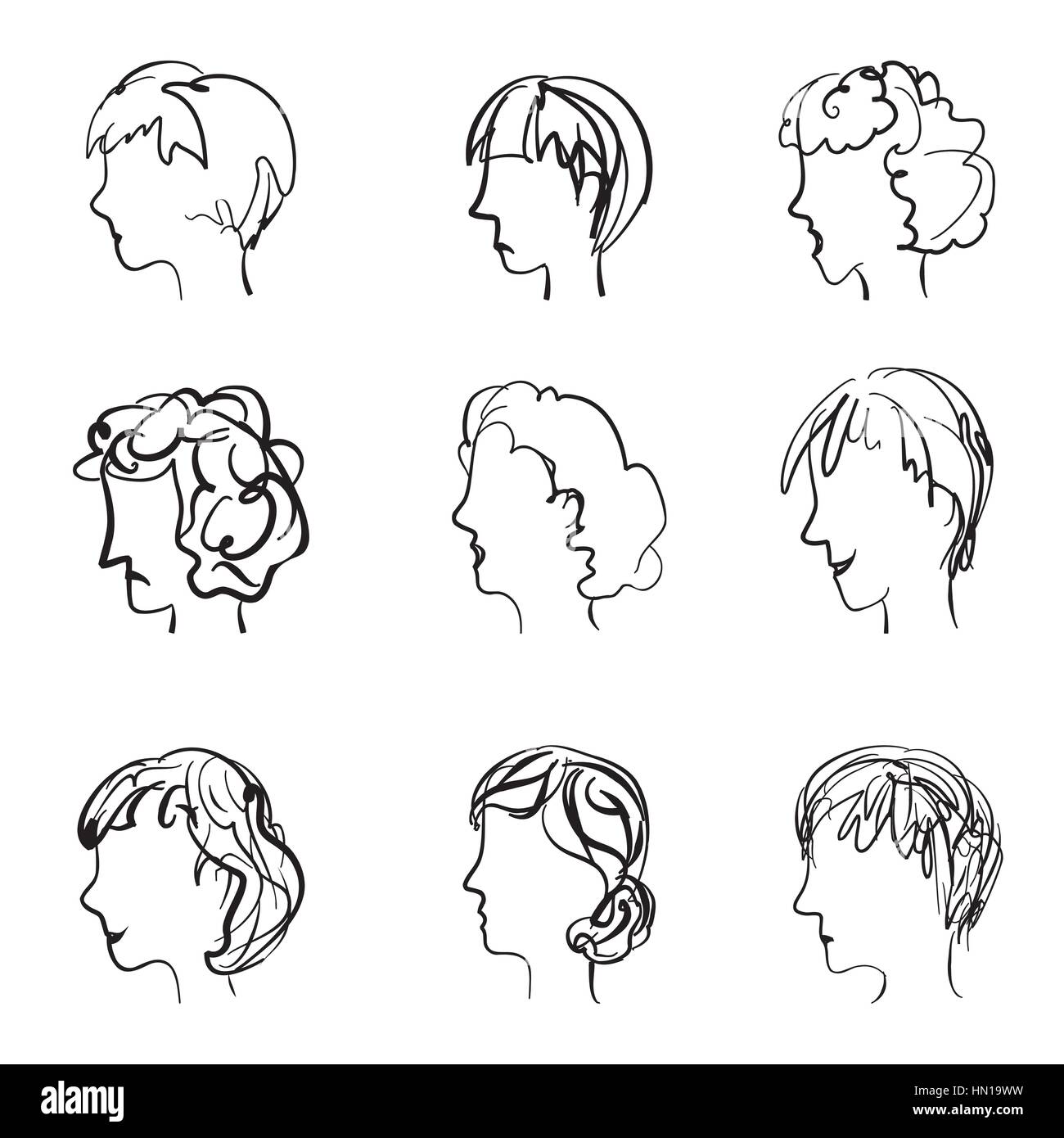 Faces profile with different expressions in retro sketch style. 9 facial expressions set Stock Vector