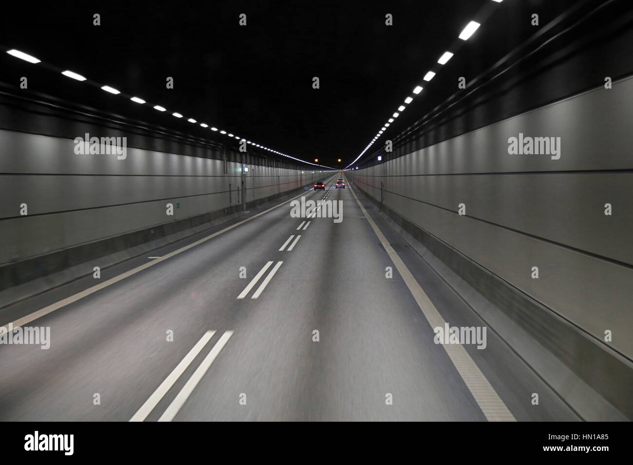 Cars in a tunnel on Oresund bridge between Sweden and Denmark Stock Photo
