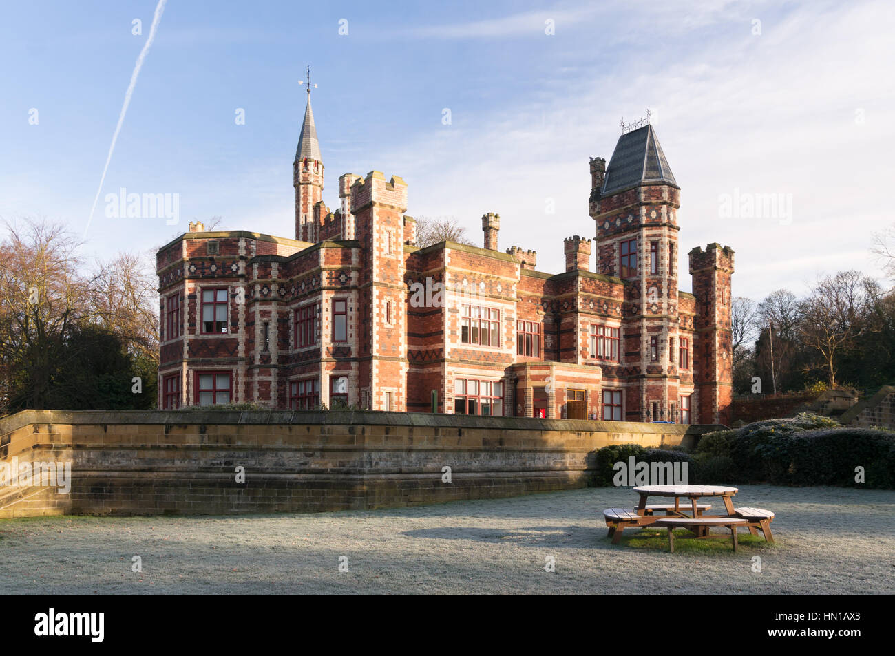 Saltwell Towers Victorian gothic mansion in Saltwell Park on a frosty winter's day, Gateshead, England, UK Stock Photo