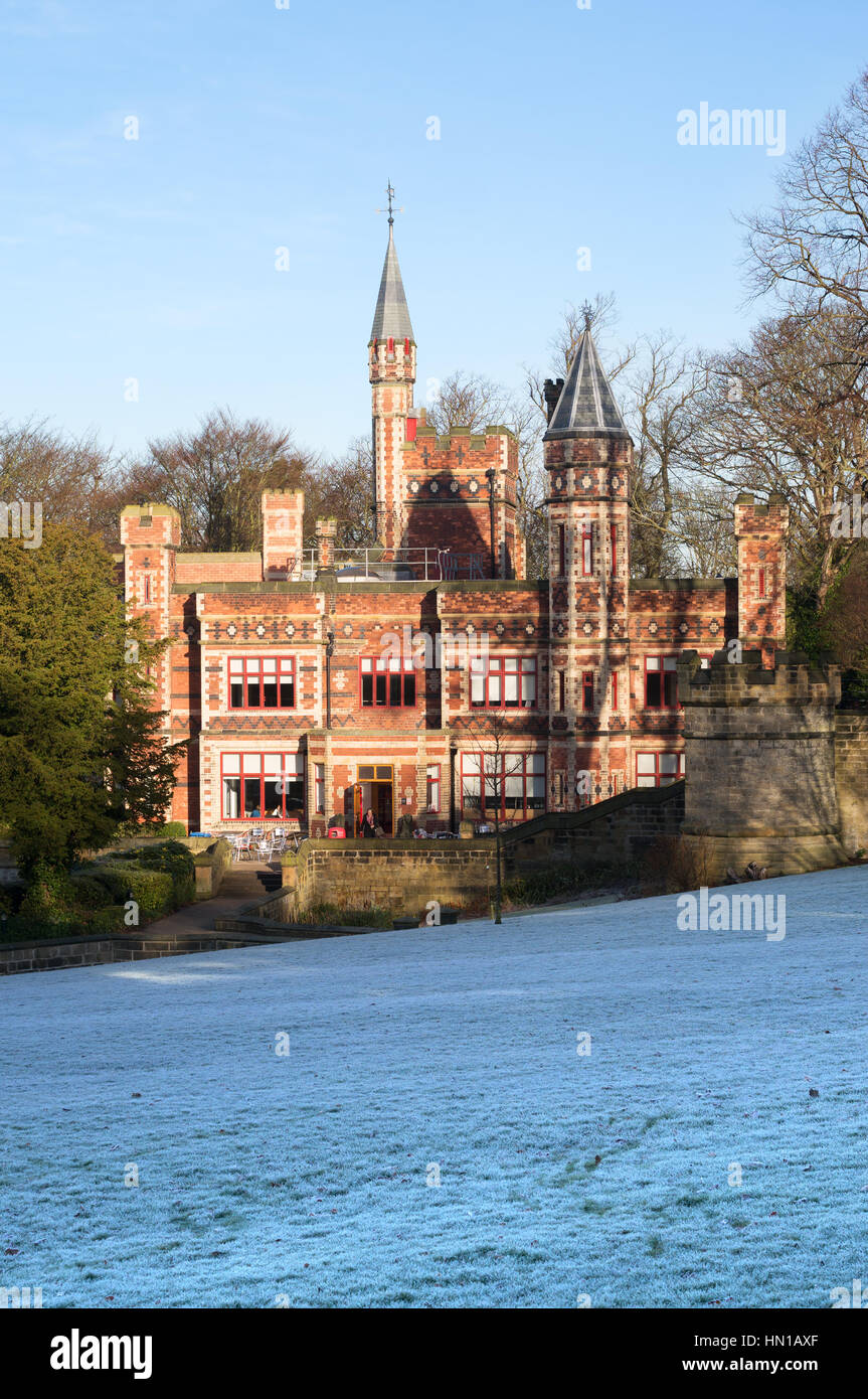 Saltwell Towers Victorian gothic mansion in Saltwell Park on a frosty winter's day, Gateshead, England, UK Stock Photo