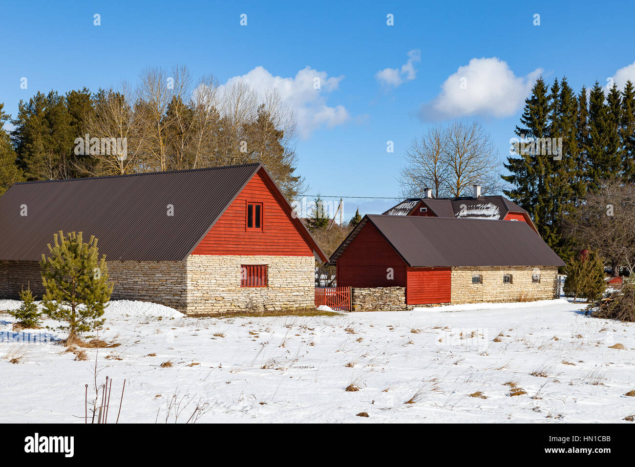 Stone farm houses. Traditional Estonian architecture Stock Photo