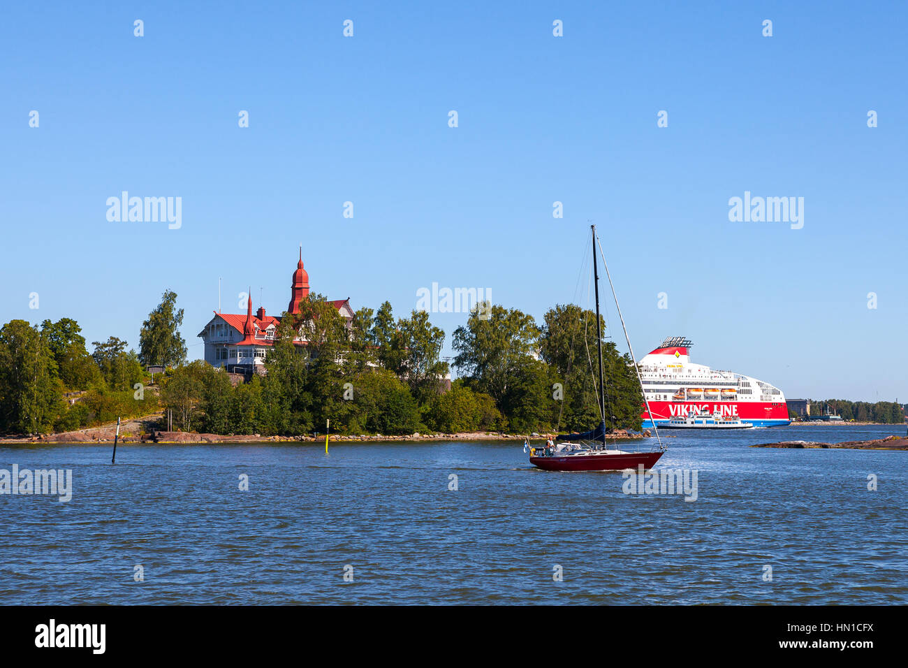 HELSINKI, FINLAND - 01 AUG 2015. Luoto Island in the summer, people on the boat walk Stock Photo