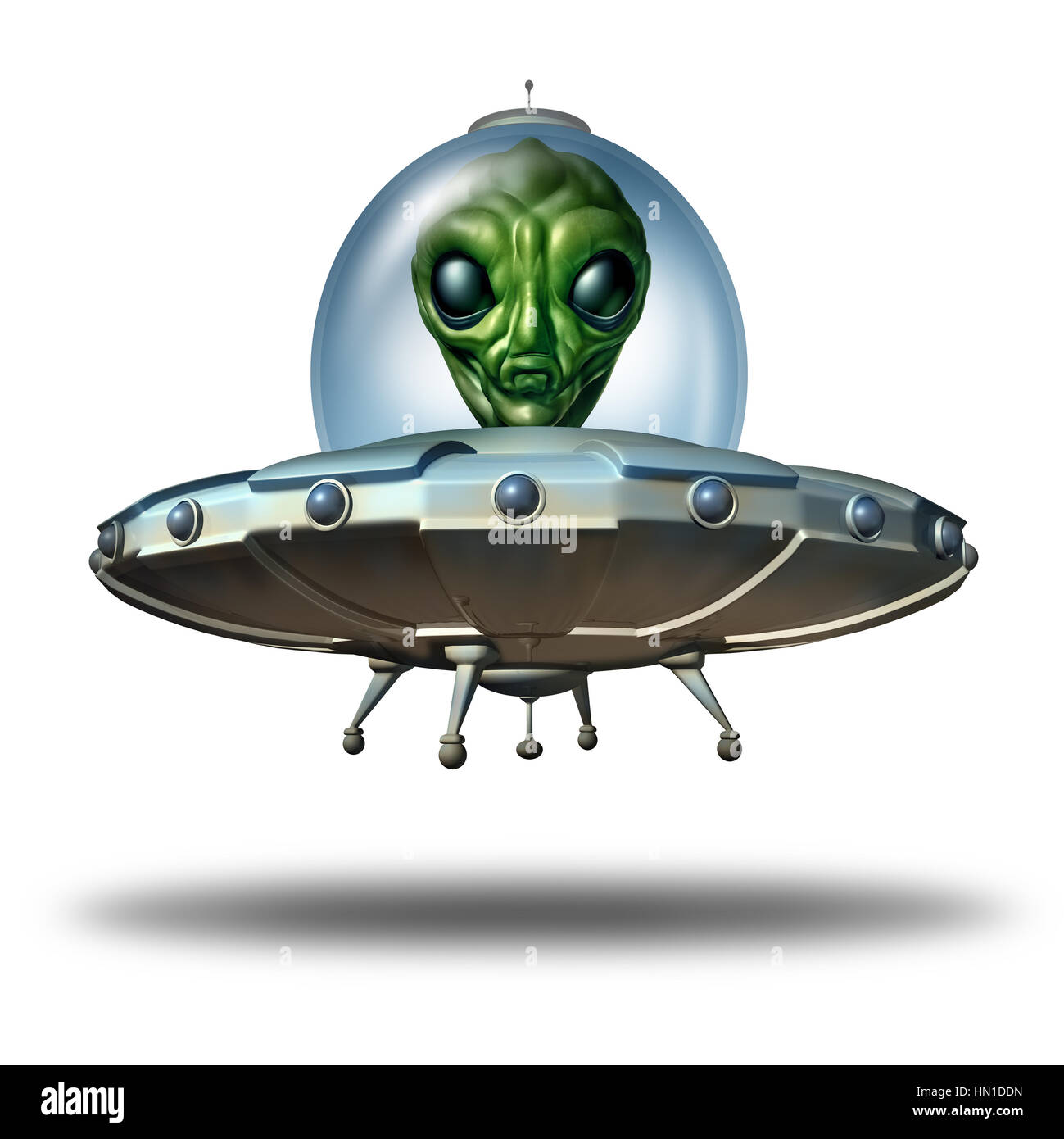 Alien in a flying saucer as a UFO visitor in a spaceship or spacecraft and extraterrestrial martian green creature inside as a symbol for the search f Stock Photo