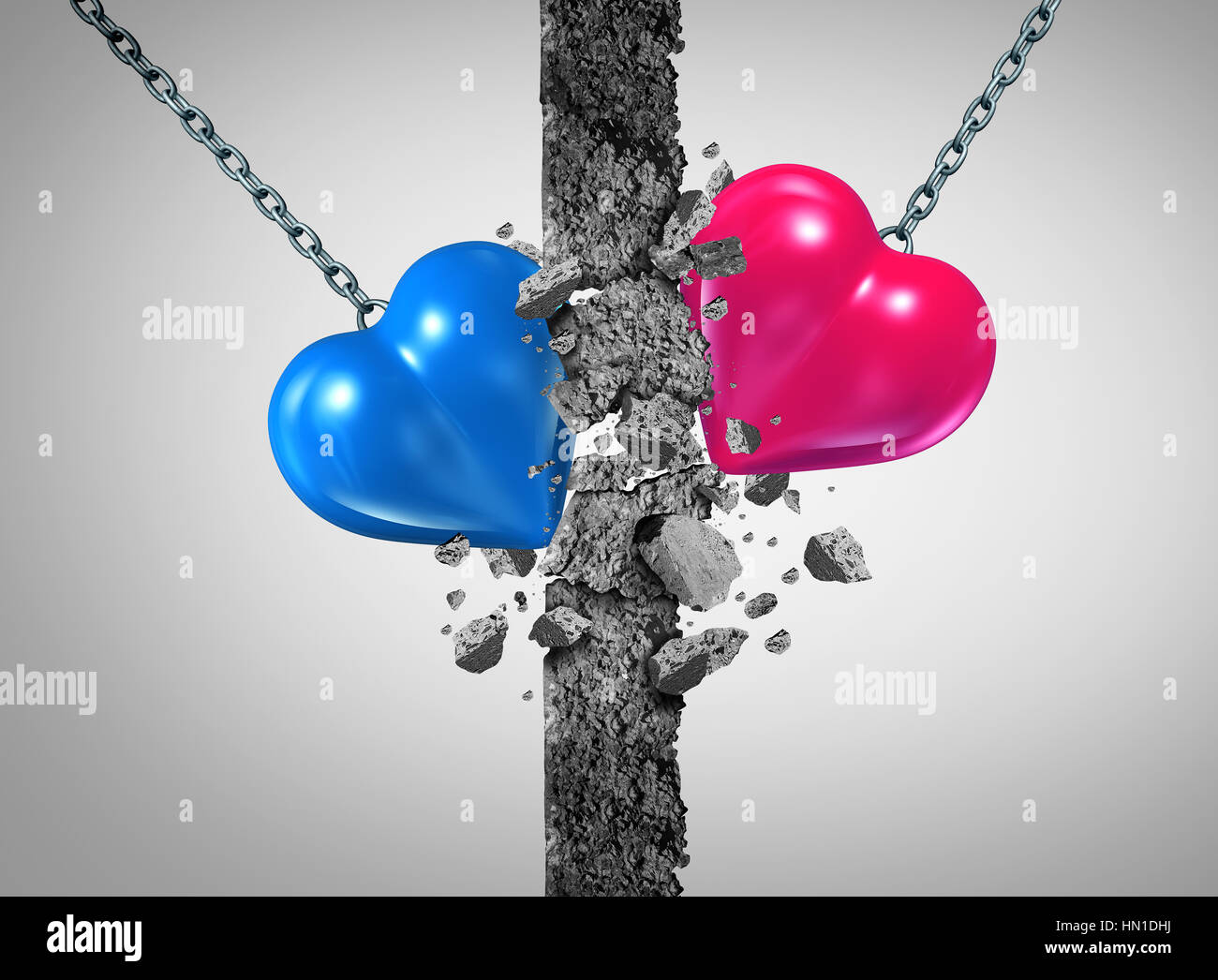 Breaking a relationship wall and romantic couple challenge or marriage problems symbol as a blue and pink heart demolishing an obstacle to passioin su Stock Photo
