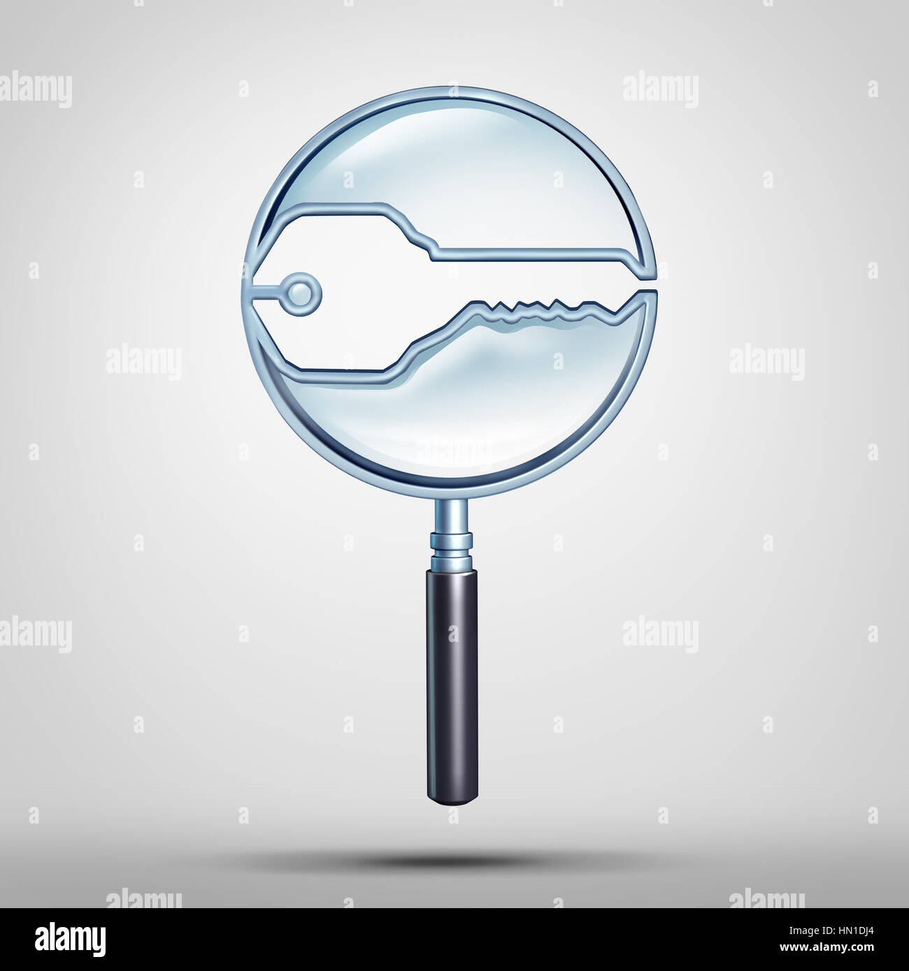 Key Search symbol and browser solution or career searching success symbol as a magnifying glass shaped as an open lock tool icon as a 3D illustration. Stock Photo