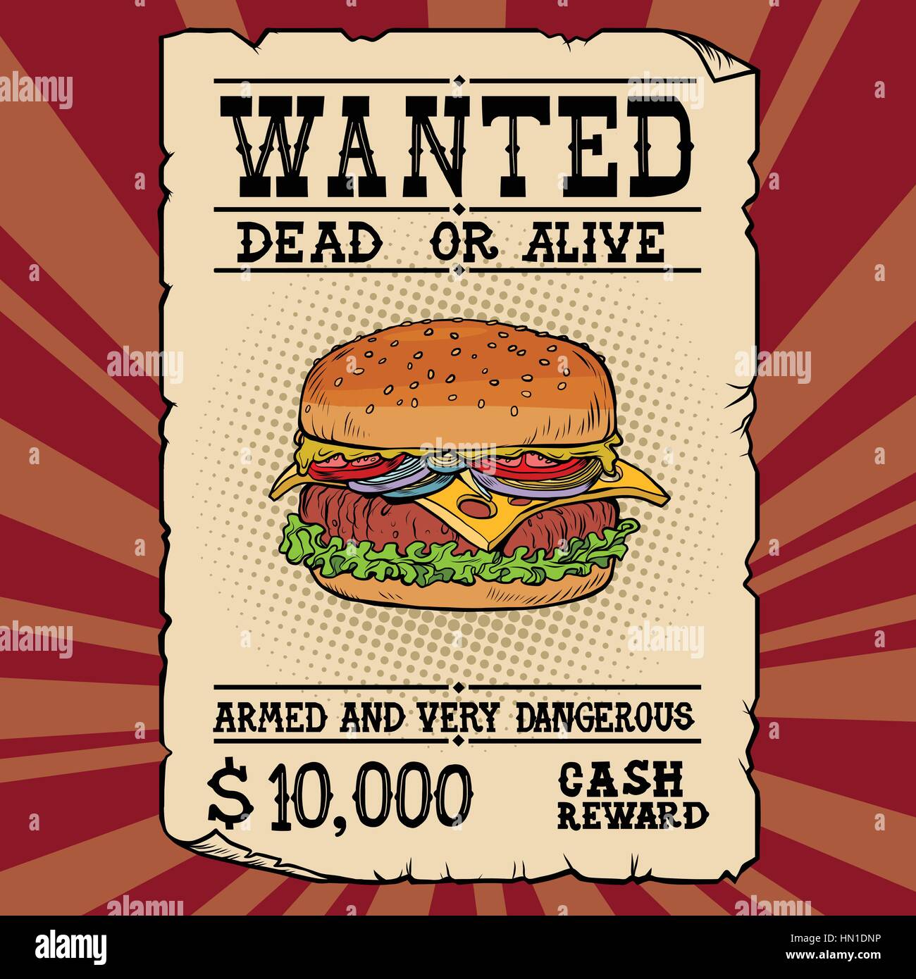 Burger fast food wanted dead or alive Stock Vector