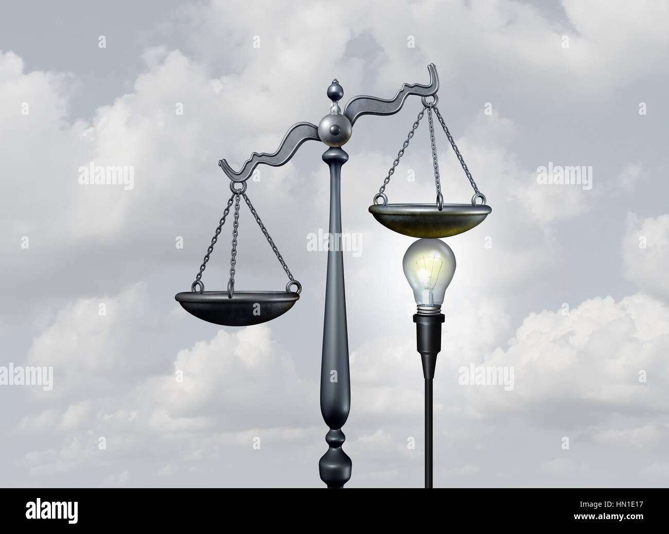 Legal ideas and creative justice concept as a bright light bulb tipping the scale of judgement as lawyer services or legislation metaphor or mediation Stock Photo